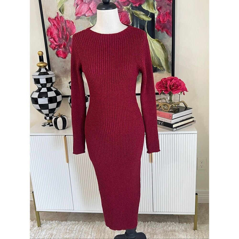 Net.153 Women's Ribbed Long Sleeve Bodycon Sweater Dress Burgundy Medium NWT